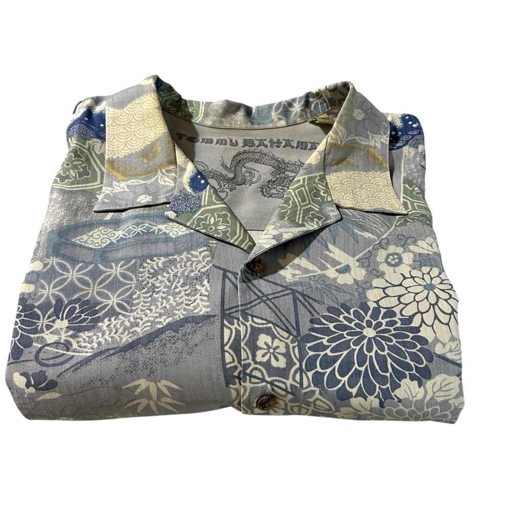 Tommy Bahama Silk Shirt Men's XXL Dragon Cherry Blossom Floral Japanese Blue Tan